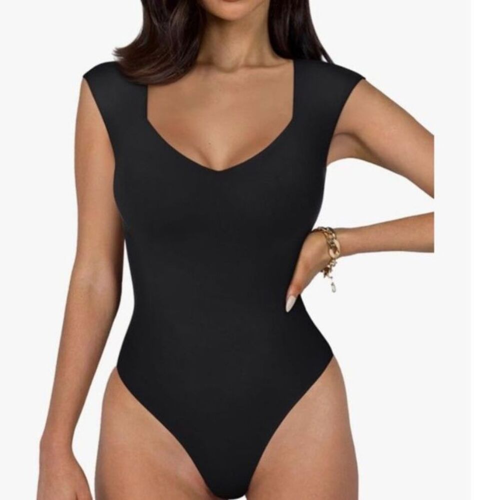Reoria NWT Women's Black Sweetheart Neck Cap Sleeve Stretchy Bodysuit Size L